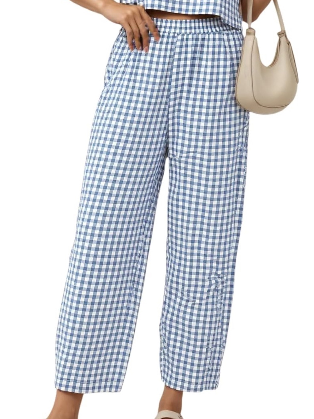 Women’s 2 Piece Linen Blue Gingham Tank Top Wide Leg Pants Set Size S 2 4 6 - Picture 3 of 9